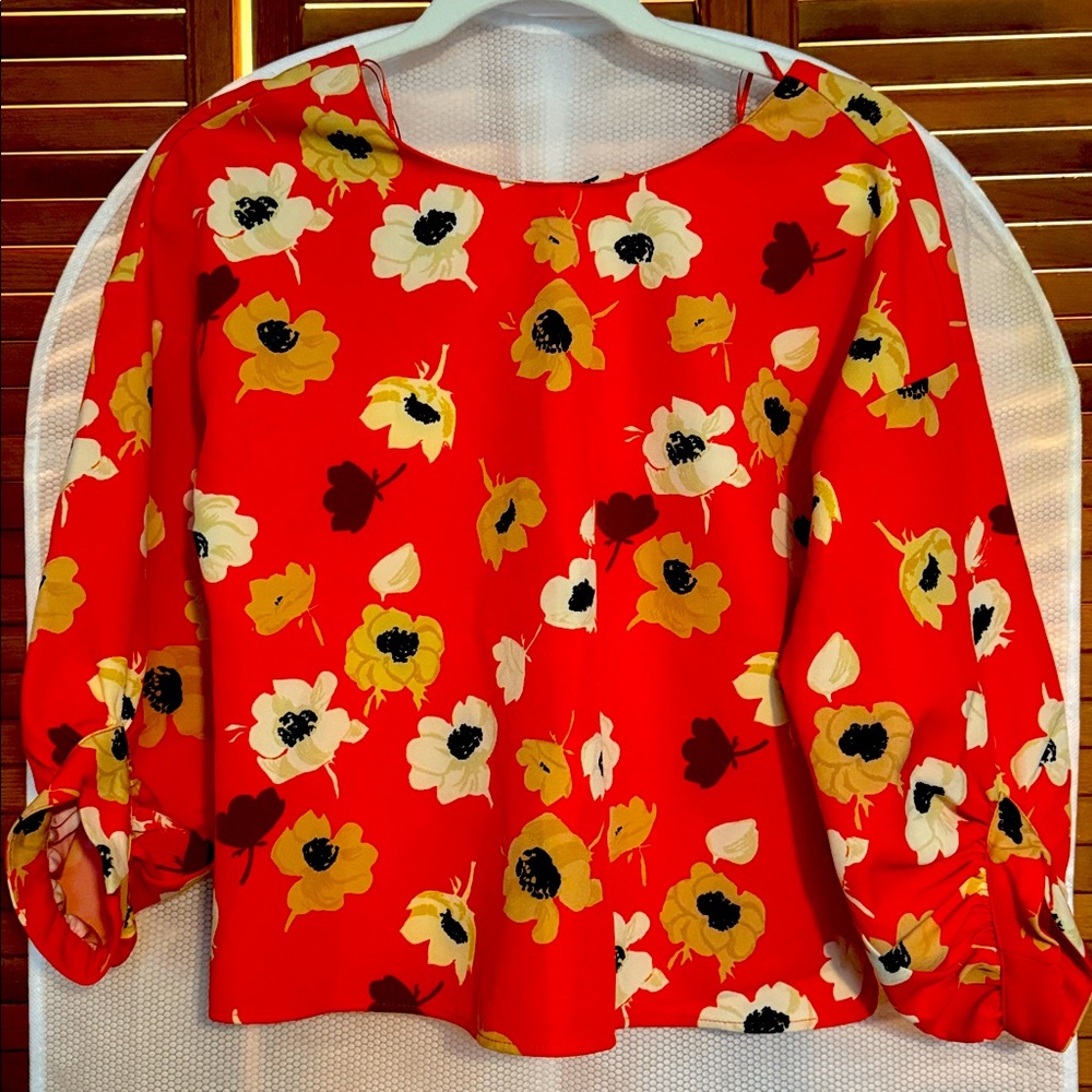 Zara Floral Modern Print Button Down V-Neck Blouse Orange Brown Cream / Sz XS